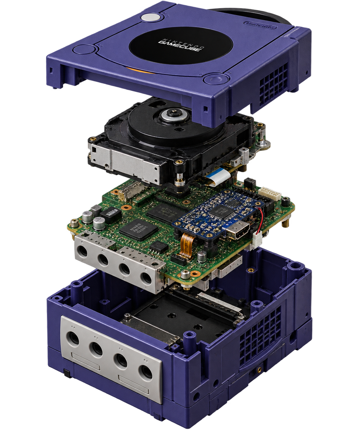 GameCube desmontada durante la instalación profesional de un mod HDMI