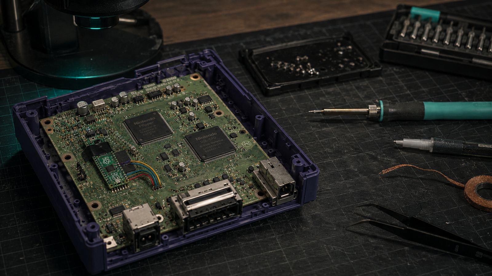 GameCube abierta durante un trabajo de microsoldadura en RetroBay