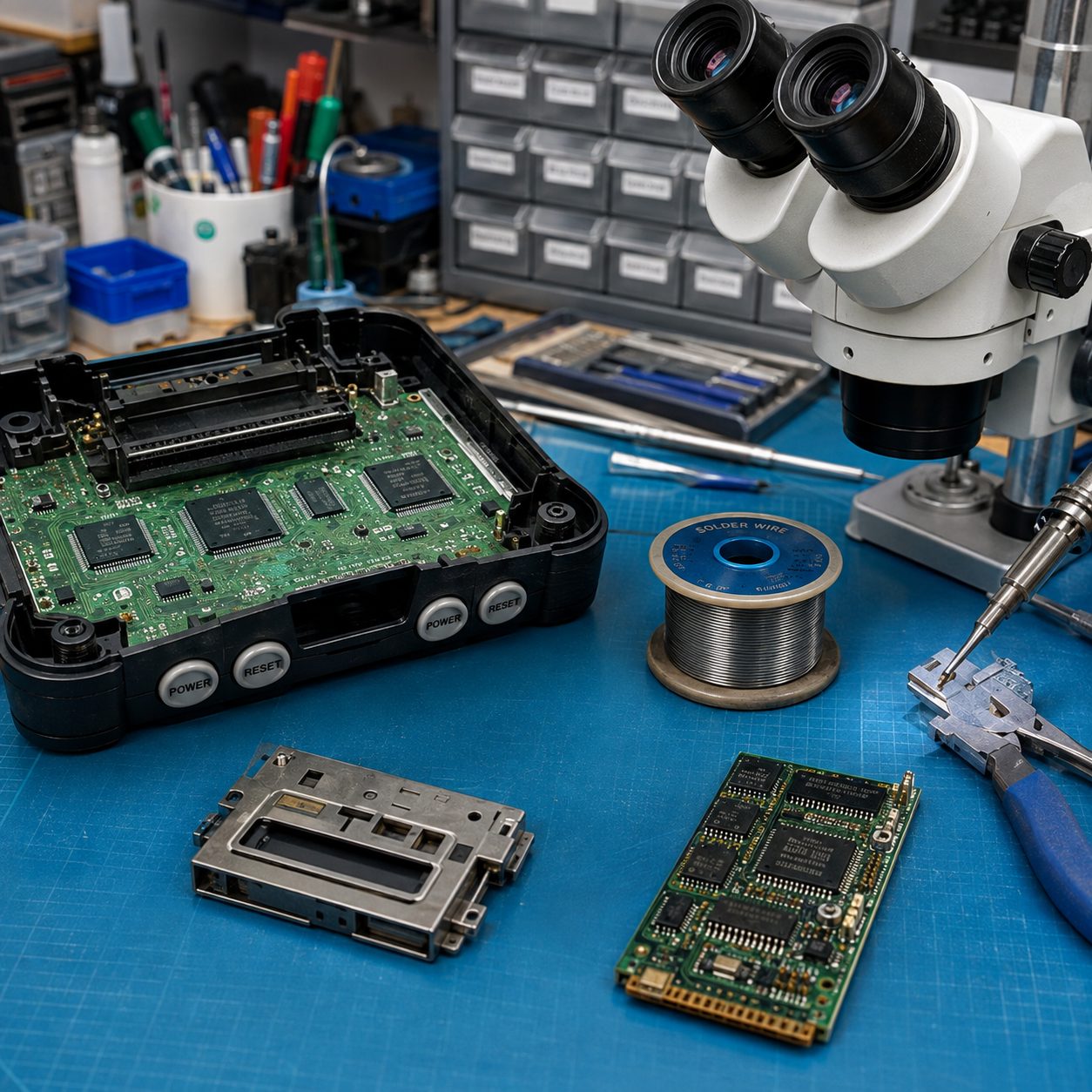 Microsoldadura en placa de Nintendo 64 en el taller de RetroBay